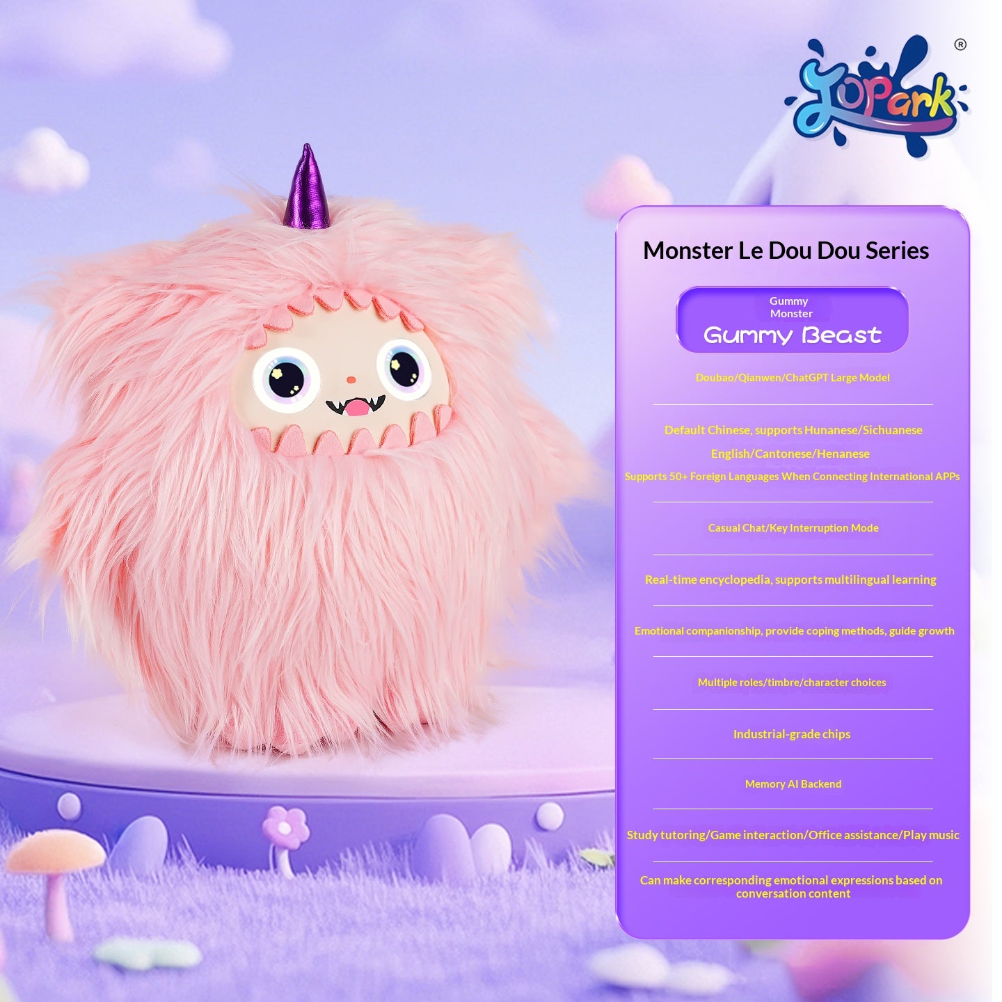 AI Interactive Plush Monster Toy LED Eyes ChatGPT Voice Multilingual Emotional Memory Educational Companion Kids Wi-Fi