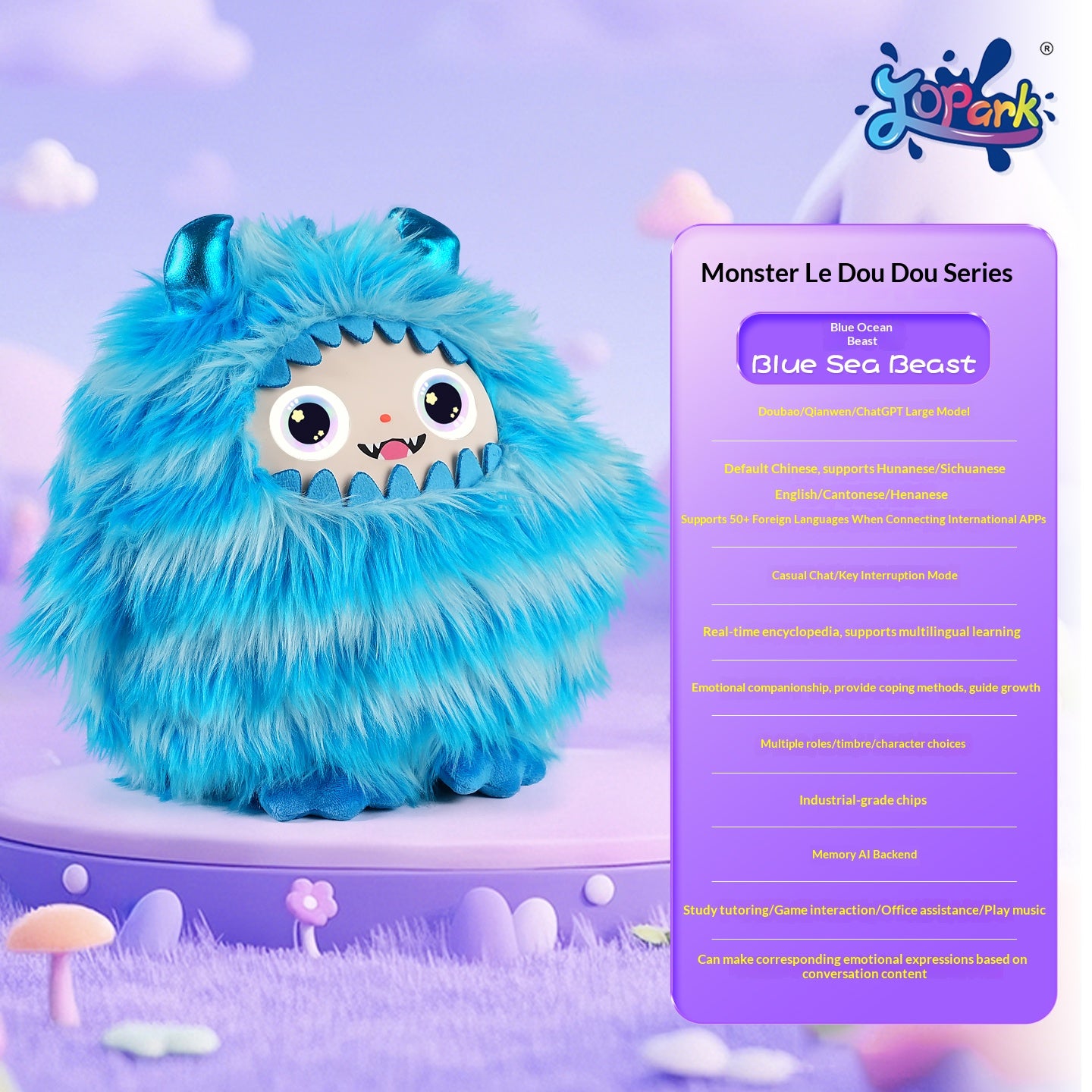 AI Interactive Plush Monster Toy LED Eyes ChatGPT Voice Multilingual Emotional Memory Educational Companion Kids Wi-Fi