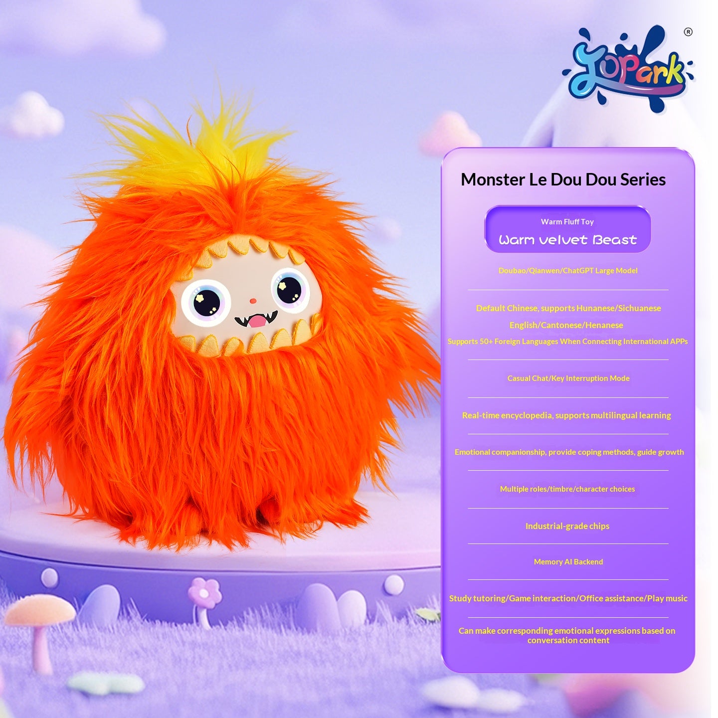 AI Interactive Plush Monster Toy LED Eyes ChatGPT Voice Multilingual Emotional Memory Educational Companion Kids Wi-Fi